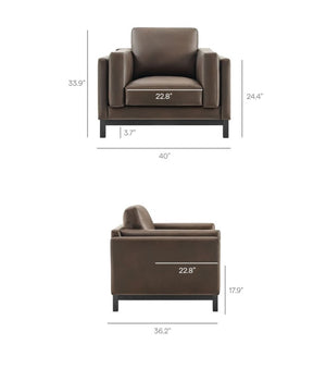 Amadeo Espresso Vegan Leather Modern Chair Brown leather armchair with dimensions on a white background