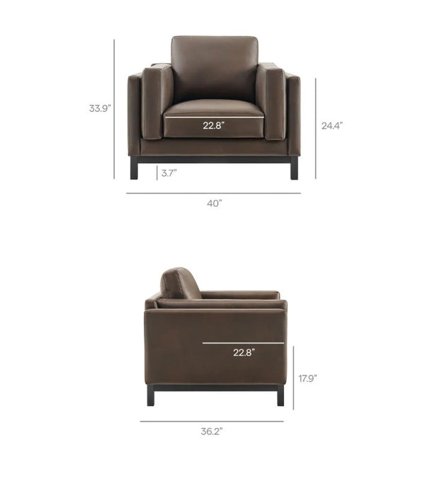 Amadeo Espresso Vegan Leather Modern Chair Brown leather armchair with dimensions on a white background