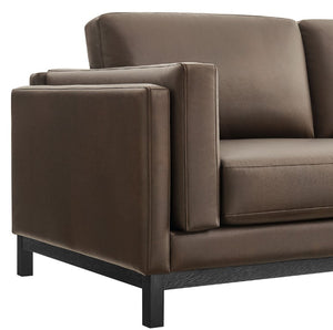 Amadeo Espresso Vegan Leather Modern Loveseat Brown leather sofa with black legs on a white background