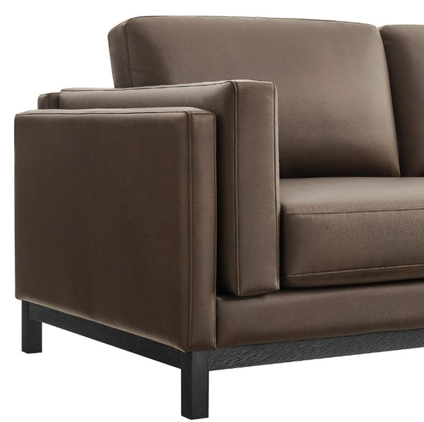 Amadeo Espresso Vegan Leather Modern Loveseat Brown leather sofa with black legs on a white background