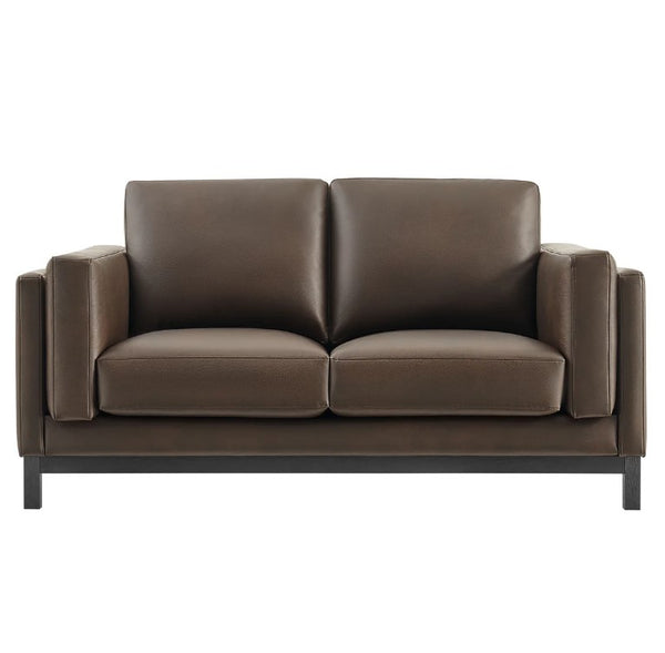 Amadeo Espresso Vegan Leather Modern Loveseat Brown leather sofa on a white background