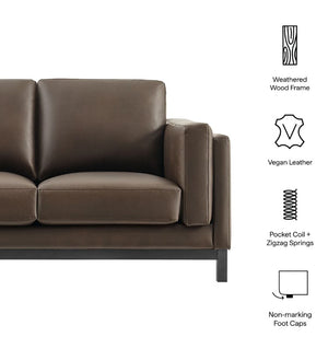 Amadeo Espresso Vegan Leather Modern Loveseat Brown leather sofa with feature icons on a white background