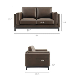 Amadeo Espresso Vegan Leather Modern Loveseat Brown leather sofa with dimensions labeled on a white background