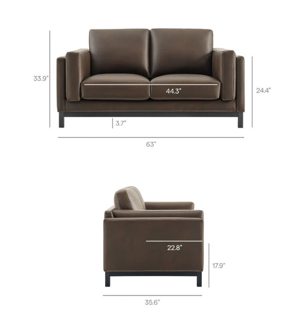 Amadeo Espresso Vegan Leather Modern Loveseat Brown leather sofa with dimensions labeled on a white background