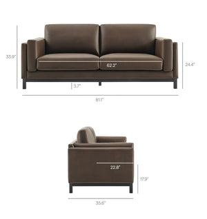 Amadeo Espresso Vegan Leather Modern Sofa Brown leather sofa with dimensions on a white background