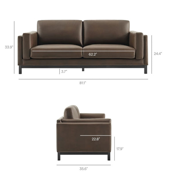 Amadeo Espresso Vegan Leather Modern Sofa Brown leather sofa with dimensions on a white background