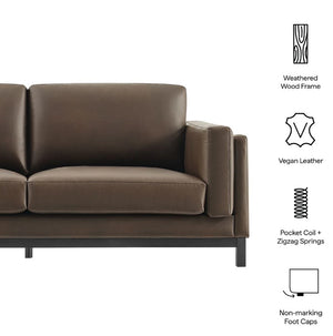 Amadeo Espresso Vegan Leather Modern Sofa Brown sofa with features listed on a white background