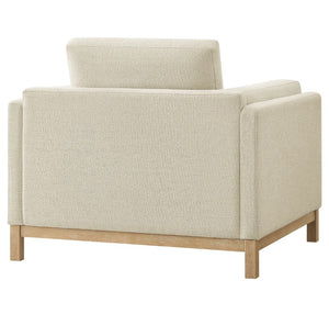 Amadeo Ivory Deep Seat Comfort Modern Fabric Chair Beige armchair with wooden legs on a white background