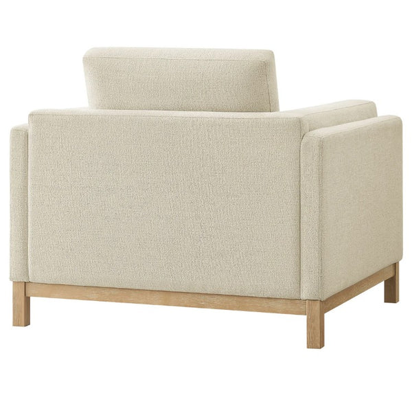 Amadeo Ivory Deep Seat Comfort Modern Fabric Chair Beige armchair with wooden legs on a white background