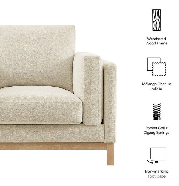 Amadeo Ivory Deep Seat Comfort Modern Fabric Chair Beige sofa with features listed on the right, including weathered wood frame, mélange chenille fabric, pocket coil, zigzag springs, and non-marking foot caps.
