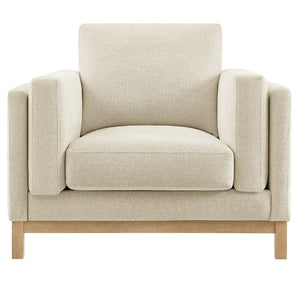 Amadeo Ivory Deep Seat Comfort Modern Fabric Chair Beige armchair with wooden legs on a white background