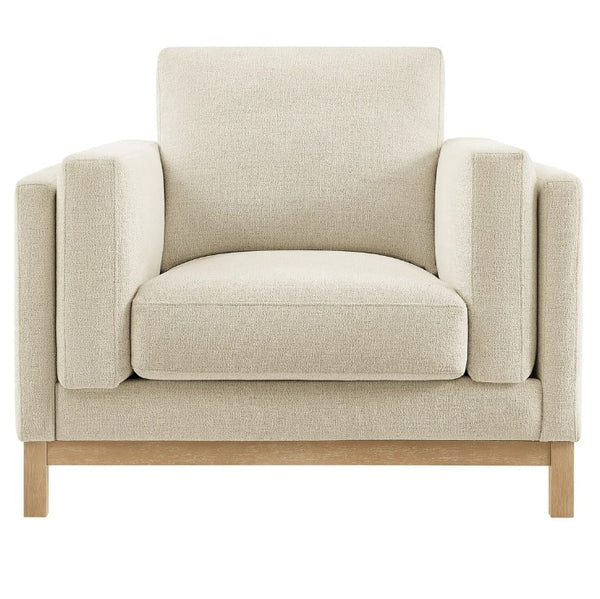 Amadeo Ivory Deep Seat Comfort Modern Fabric Chair Beige armchair with wooden legs on a white background