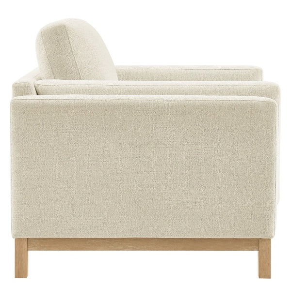 Amadeo Ivory Deep Seat Comfort Modern Fabric Chair Beige sofa with wooden legs on a white background