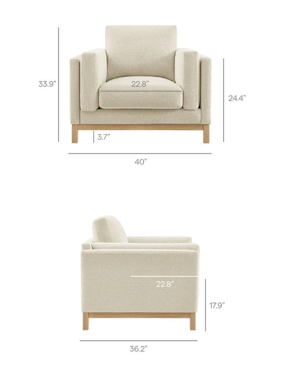 Amadeo Ivory Deep Seat Comfort Modern Fabric Chair Beige armchair with dimensions labeled on a white background