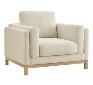 Amadeo Ivory Deep Seat Comfort Modern Fabric Chair Beige armchair with wooden legs on a white background