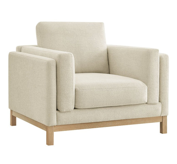 Amadeo Ivory Deep Seat Comfort Modern Fabric Chair Beige armchair with wooden legs on a white background