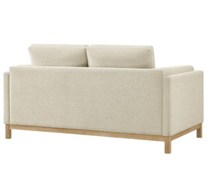 Amadeo Ivory Deep Seat Comfort Modern Fabric Loveseat Beige sofa with wooden legs on a white background