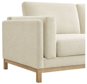 Amadeo Ivory Deep Seat Comfort Modern Fabric Loveseat Beige loveseat with wooden legs on a white background