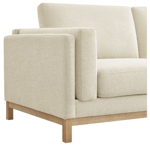 Amadeo Ivory Deep Seat Comfort Modern Fabric Loveseat Beige loveseat with wooden legs on a white background