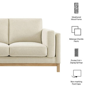 Amadeo Ivory Deep Seat Comfort Modern Fabric Loveseat Beige sofa with wooden frame and fabric details on a white background