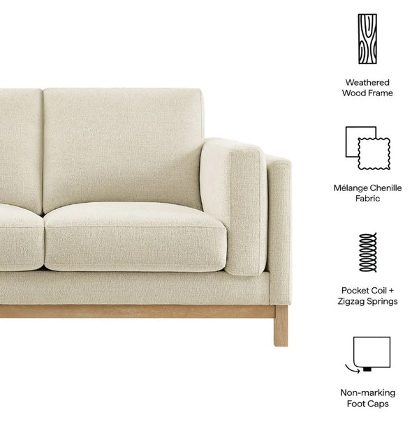 Amadeo Ivory Deep Seat Comfort Modern Fabric Loveseat Beige sofa with wooden frame and fabric details on a white background