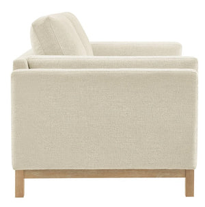 Amadeo Ivory Deep Seat Comfort Modern Fabric Loveseat Beige loveseat with wooden legs on a white background