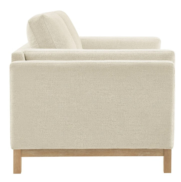 Amadeo Ivory Deep Seat Comfort Modern Fabric Loveseat Beige loveseat with wooden legs on a white background