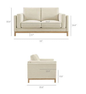 Amadeo Ivory Deep Seat Comfort Modern Fabric Loveseat Dimensions of a beige sofa and armchair on a white background