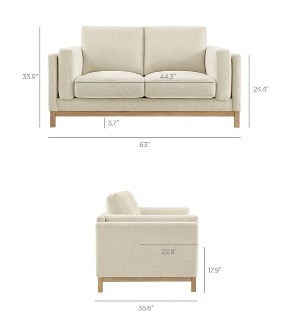 Amadeo Ivory Deep Seat Comfort Modern Fabric Loveseat Dimensions of a beige sofa and armchair on a white background