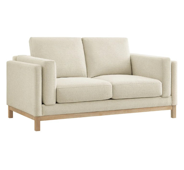 Amadeo Ivory Deep Seat Comfort Modern Fabric Loveseat Beige sofa with wooden legs on a white background