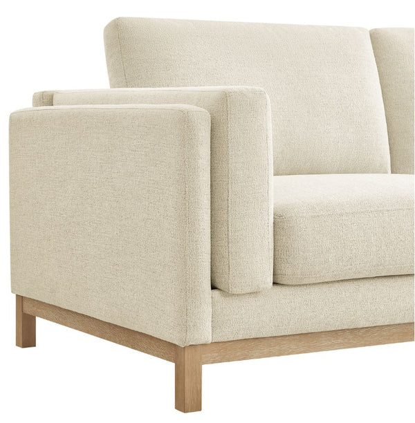 Amadeo Ivory Deep Seat Comfort Modern Fabric Sofa Beige sofa with wooden legs on a white background