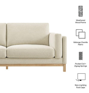 Amadeo Ivory Deep Seat Comfort Modern Fabric Sofa Beige sofa with features listed on a white background