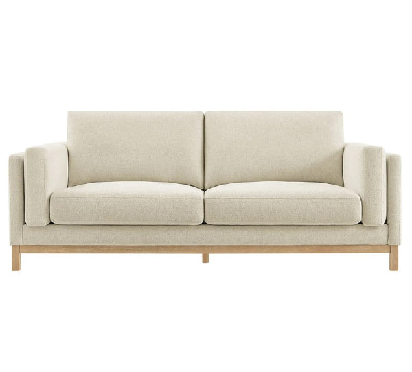 Amadeo Ivory Deep Seat Comfort Modern Fabric Sofa Beige sofa with wooden legs on a white background
