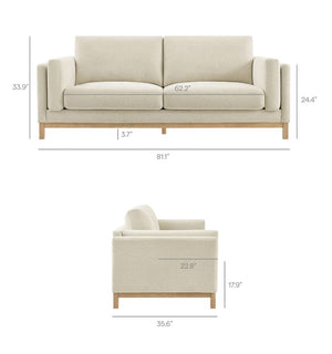 Amadeo Ivory Deep Seat Comfort Modern Fabric Sofa Beige sofa with dimensions labeled on a white background