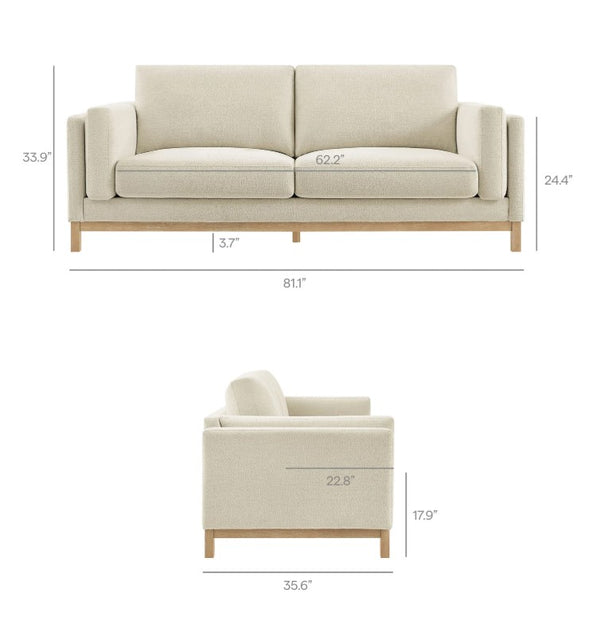 Amadeo Ivory Deep Seat Comfort Modern Fabric Sofa Beige sofa with dimensions labeled on a white background