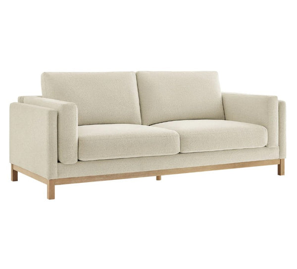 Amadeo Ivory Deep Seat Comfort Modern Fabric Sofa Beige sofa with wooden legs on a white background