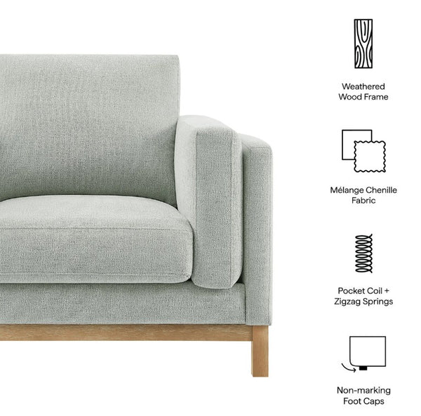 Amadeo Mist Deep Seat Comfort Modern Fabric Chair Gray sofa with features listed on a white background