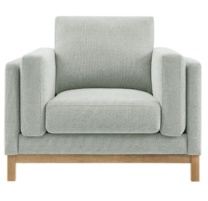 Amadeo Mist Deep Seat Comfort Modern Fabric Chair Gray armchair with wooden legs on a white background