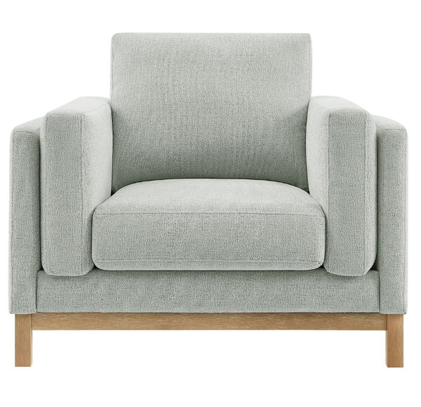 Amadeo Mist Deep Seat Comfort Modern Fabric Chair Gray armchair with wooden legs on a white background