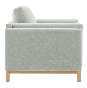 Amadeo Mist Deep Seat Comfort Modern Fabric Chair Gray upholstered chair with wooden legs on a white background