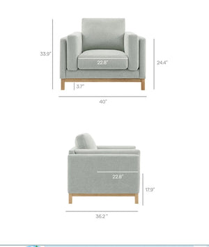 Amadeo Mist Deep Seat Comfort Modern Fabric Chair Gray armchair with dimensions labeled on a white background