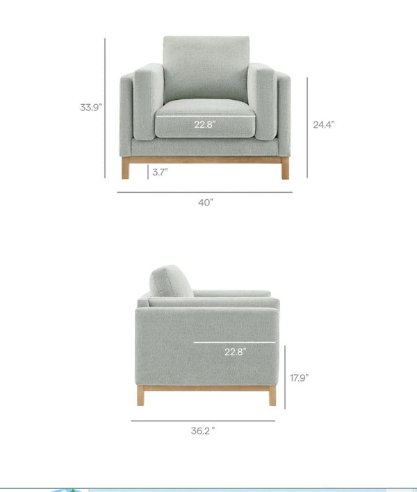 Amadeo Mist Deep Seat Comfort Modern Fabric Chair Gray armchair with dimensions labeled on a white background