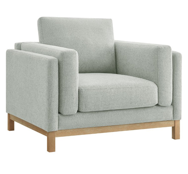 Amadeo Mist Deep Seat Comfort Modern Fabric Chair Gray armchair with wooden legs on a white background