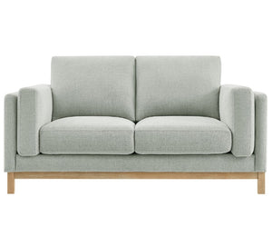 Amadeo Mist Deep Seat Comfort Modern Fabric Loveseat Gray sofa with wooden legs on a white background