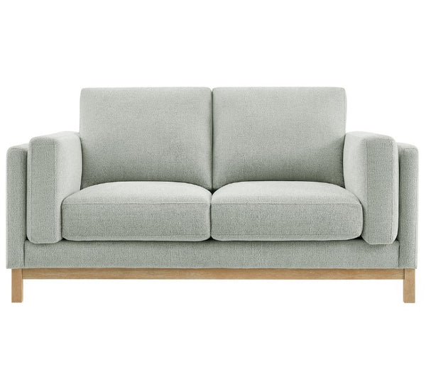 Amadeo Mist Deep Seat Comfort Modern Fabric Loveseat Gray sofa with wooden legs on a white background