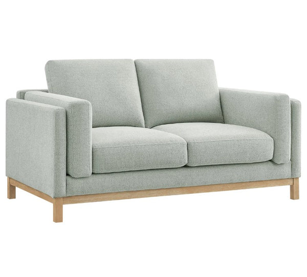 Amadeo Mist Deep Seat Comfort Modern Fabric Loveseat Gray sofa with wooden legs on a white background