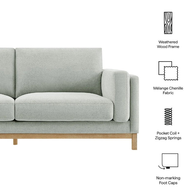 Amadeo Mist Deep Seat Comfort Modern Fabric Sofa Gray sofa with wooden frame and mélange chenille fabric on a white background