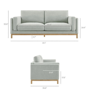 Amadeo Mist Deep Seat Comfort Modern Fabric Sofa Gray sofa with dimensions on a white background
