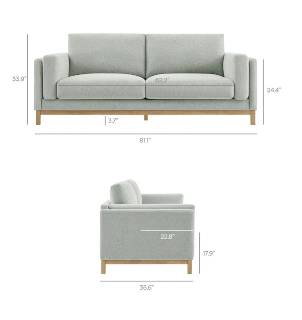 Amadeo Mist Deep Seat Comfort Modern Fabric Sofa Gray sofa with dimensions on a white background