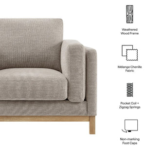 Amadeo Pewter Deep Seat Comfort Modern Fabric Chair Gray sofa with features listed on the right, including weathered wood frame, mélange chenille fabric, pocket coil + zigzag springs, and non-marking foot caps.